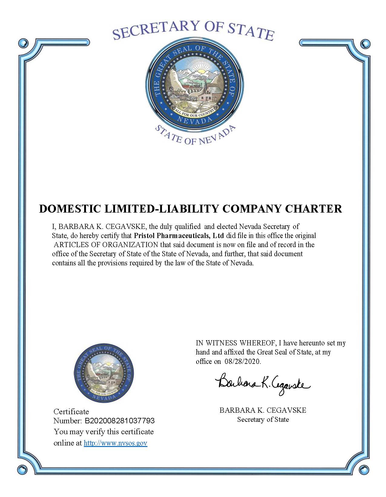Company Charter Pristol Pharmaceuticals